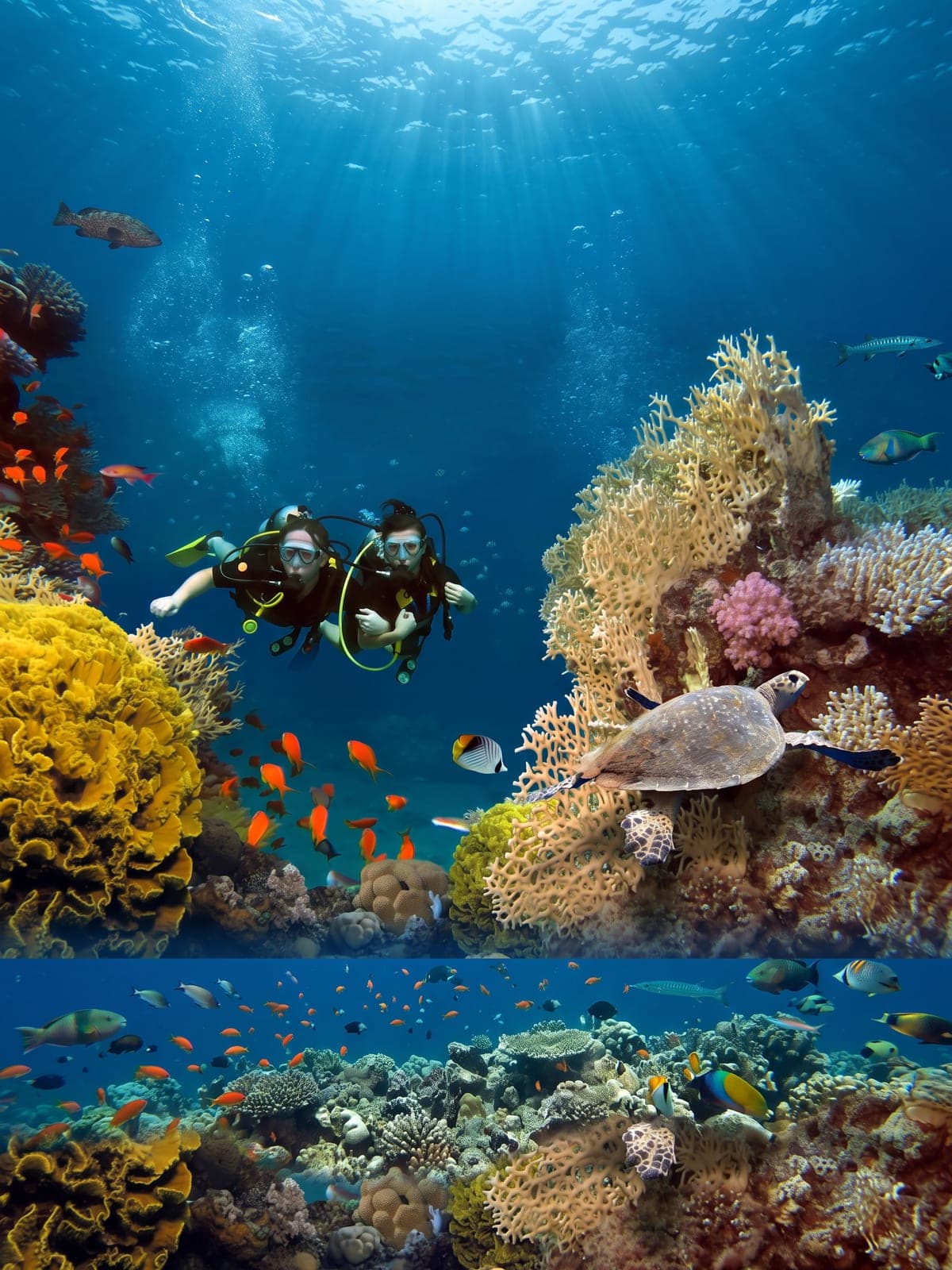 A diver alongside a turtle over a sunlit coral reef.