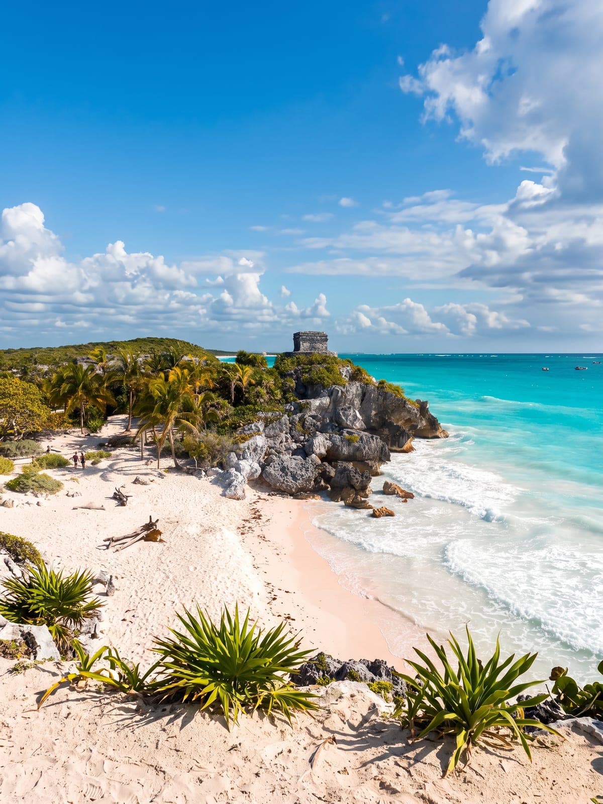 The Mayan ruins of Tulum on the cliff, with the beach and turquoise sea behind them.