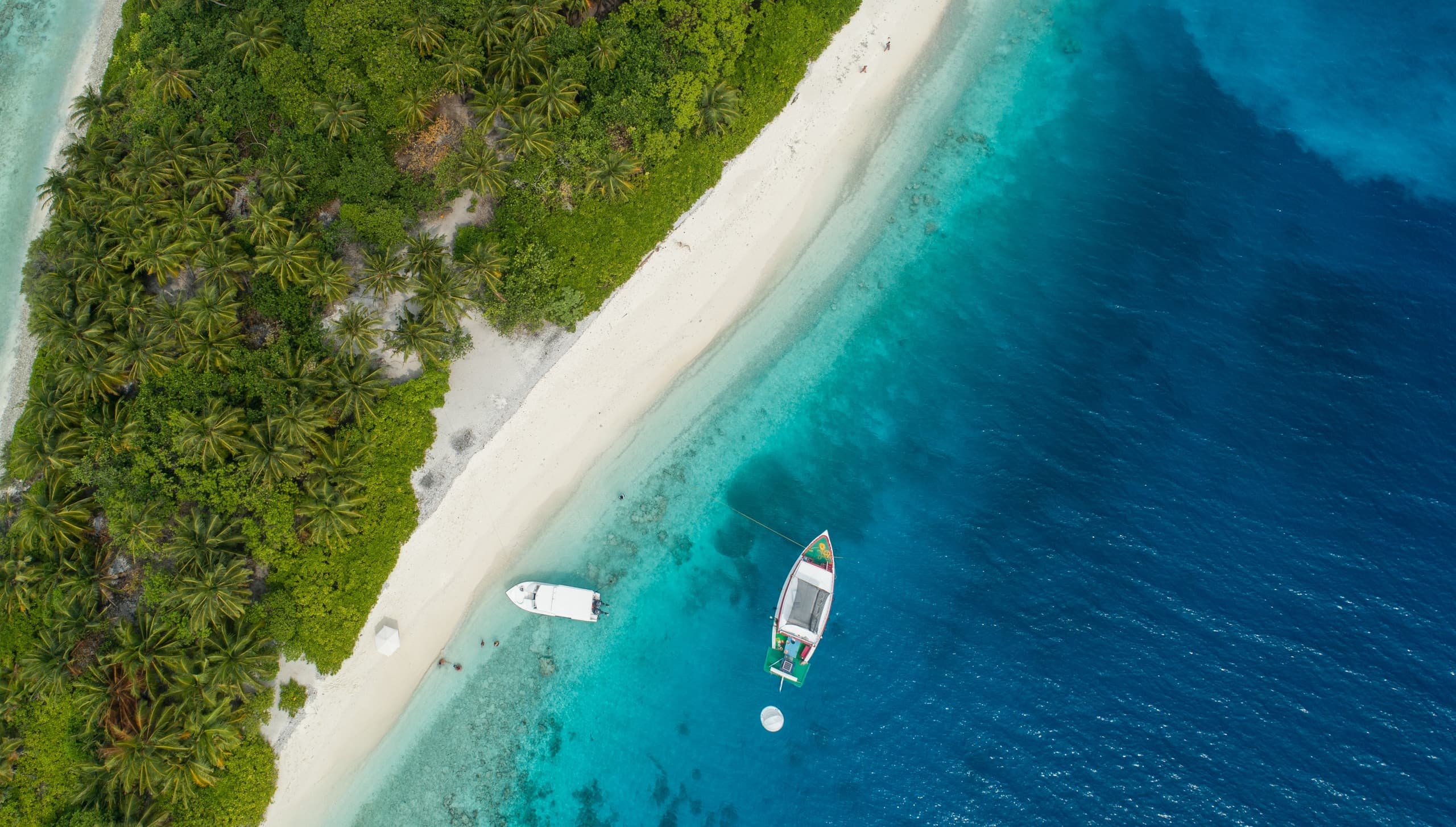 Costa de la Riviera Maya vista desde el aire: franja de selva, playa de arena clara y dos lanchas fondeadas sobre agua turquesa.