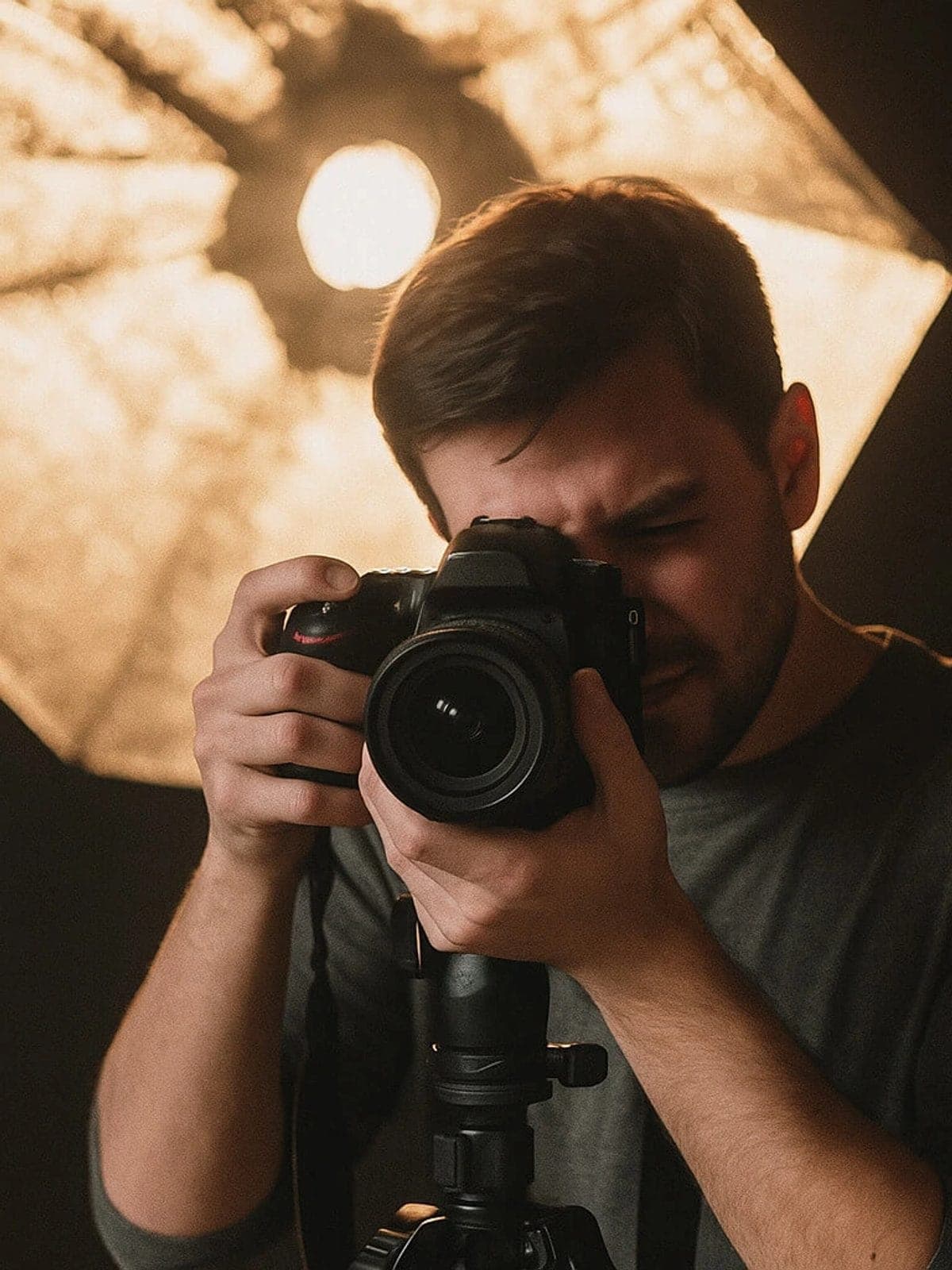 Fotógrafo profesional con su cámara a contraluz.