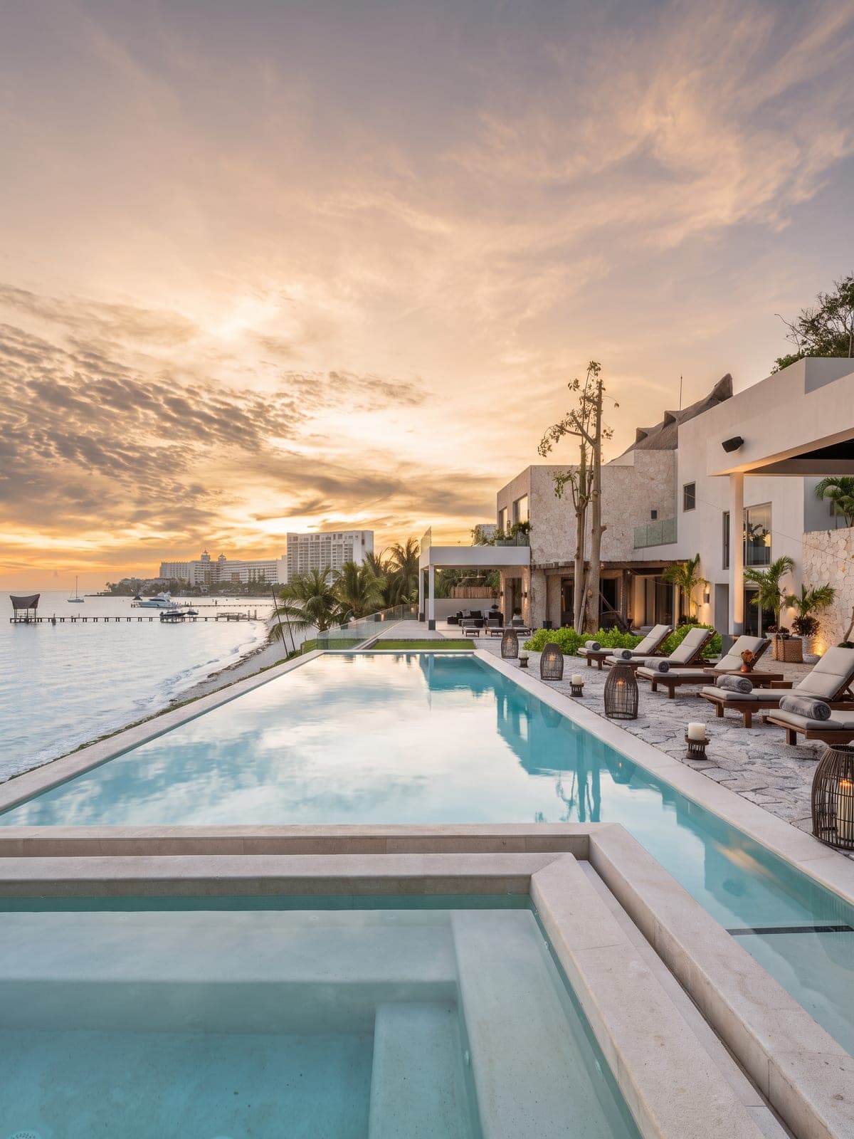 Casa Zul, a private residence in Cancún, Riviera Maya: a long pool lined with loungers at sunset.
