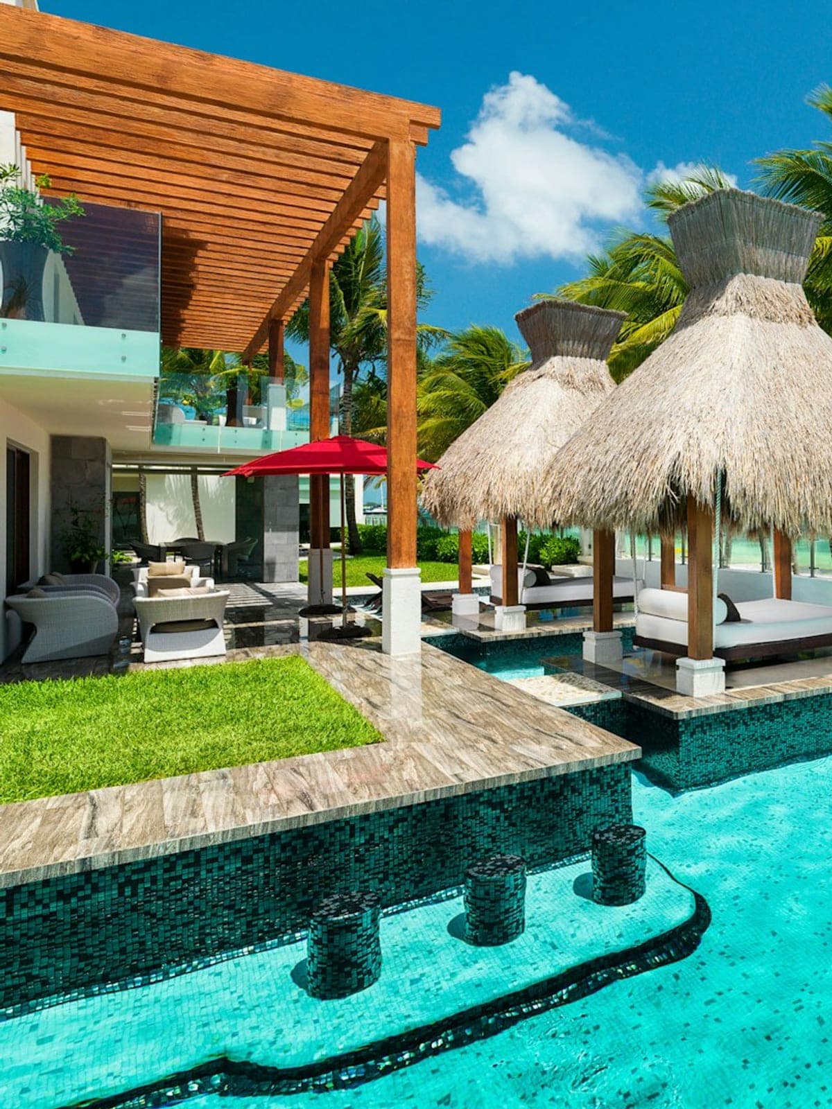 Azul Esmeralda, a villa in Puerto Morelos, Riviera Maya: a palapa and green mosaic pool amid the greenery.