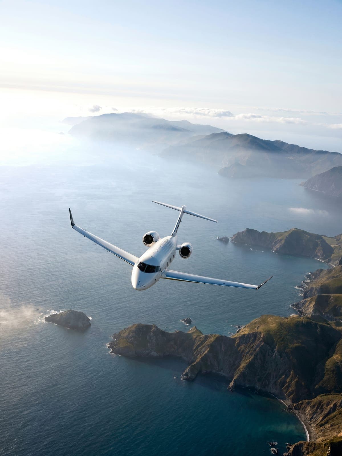 Jet Bombardier Challenger 601 en vuelo sobre la costa.