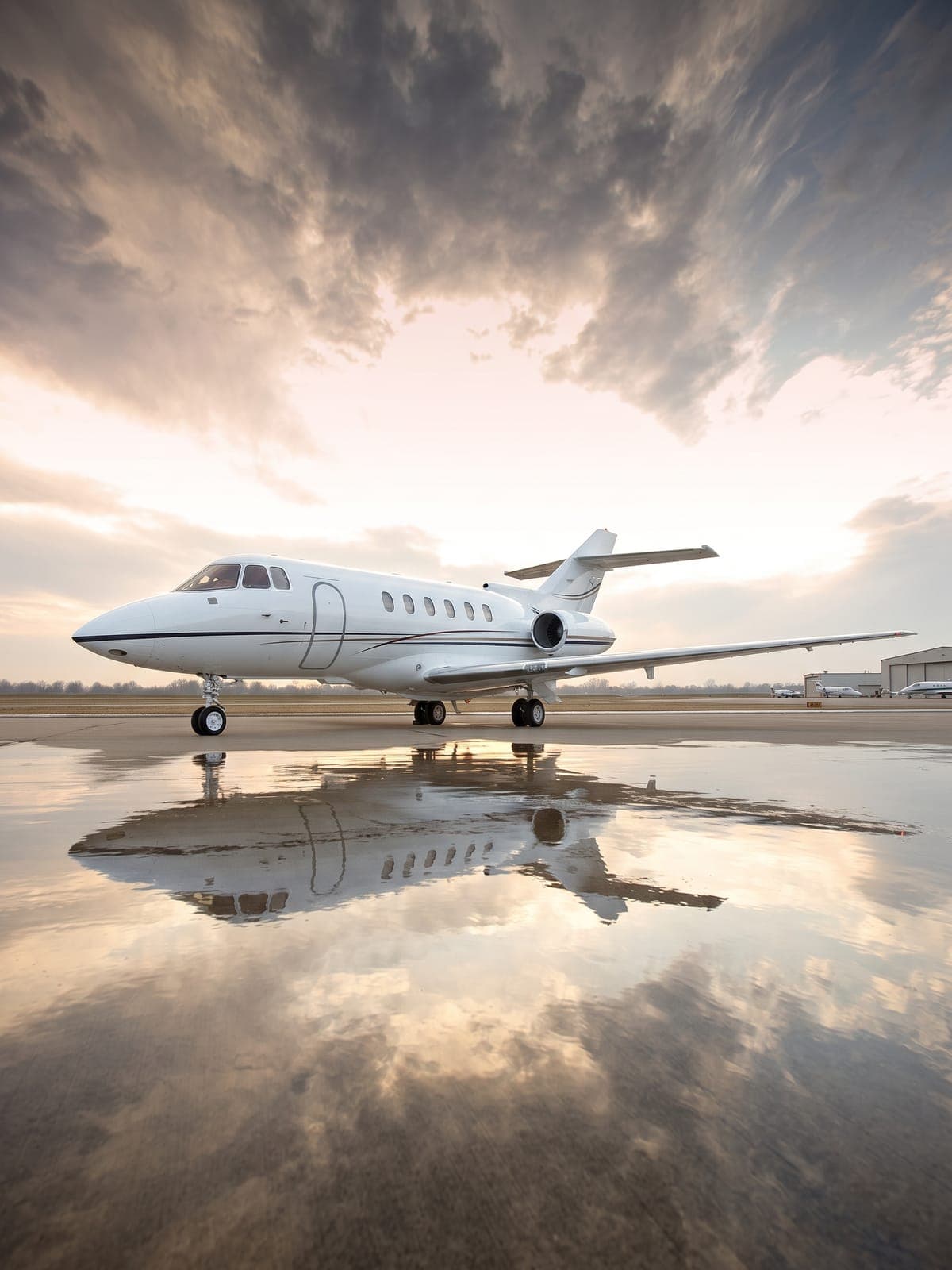 Jet Hawker 800 en plataforma mojada, reflejado bajo un cielo de nubes.
