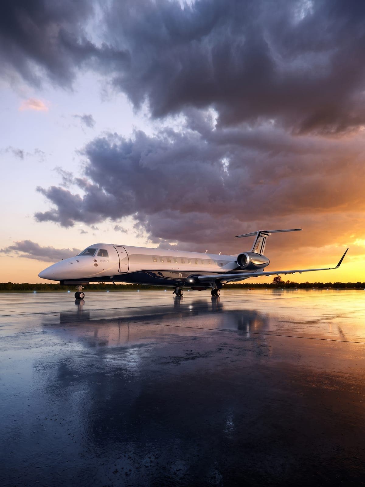 Jet Embraer Legacy 145 en pista al atardecer, reflejado en el pavimento.
