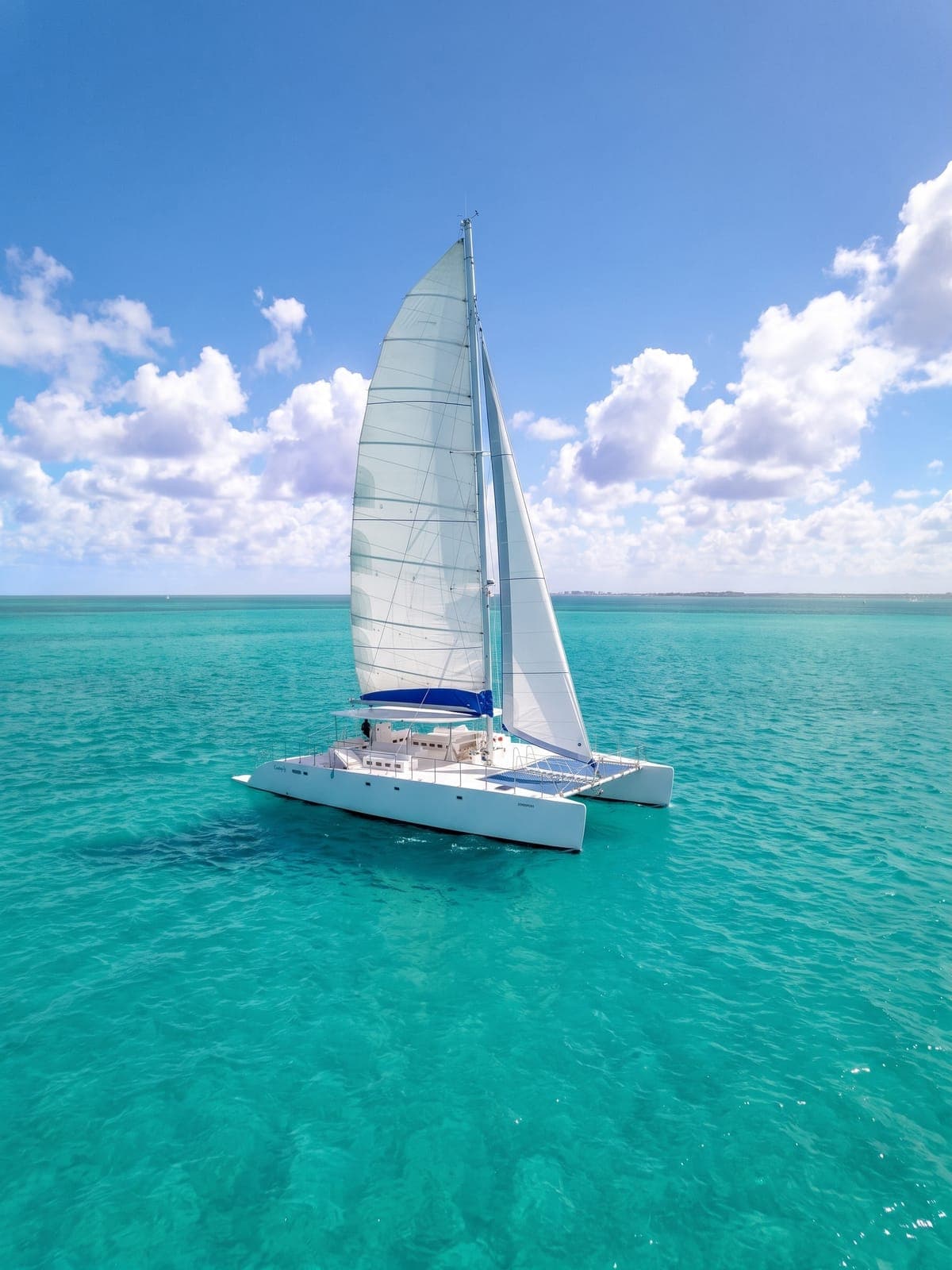 Catamarán de vela navegando sobre el Caribe.