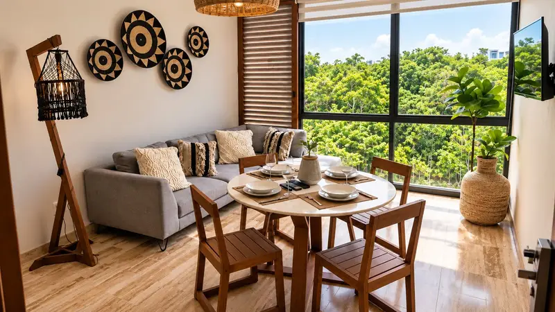 Sala y comedor con ventanales hacia la selva en Amira Residence