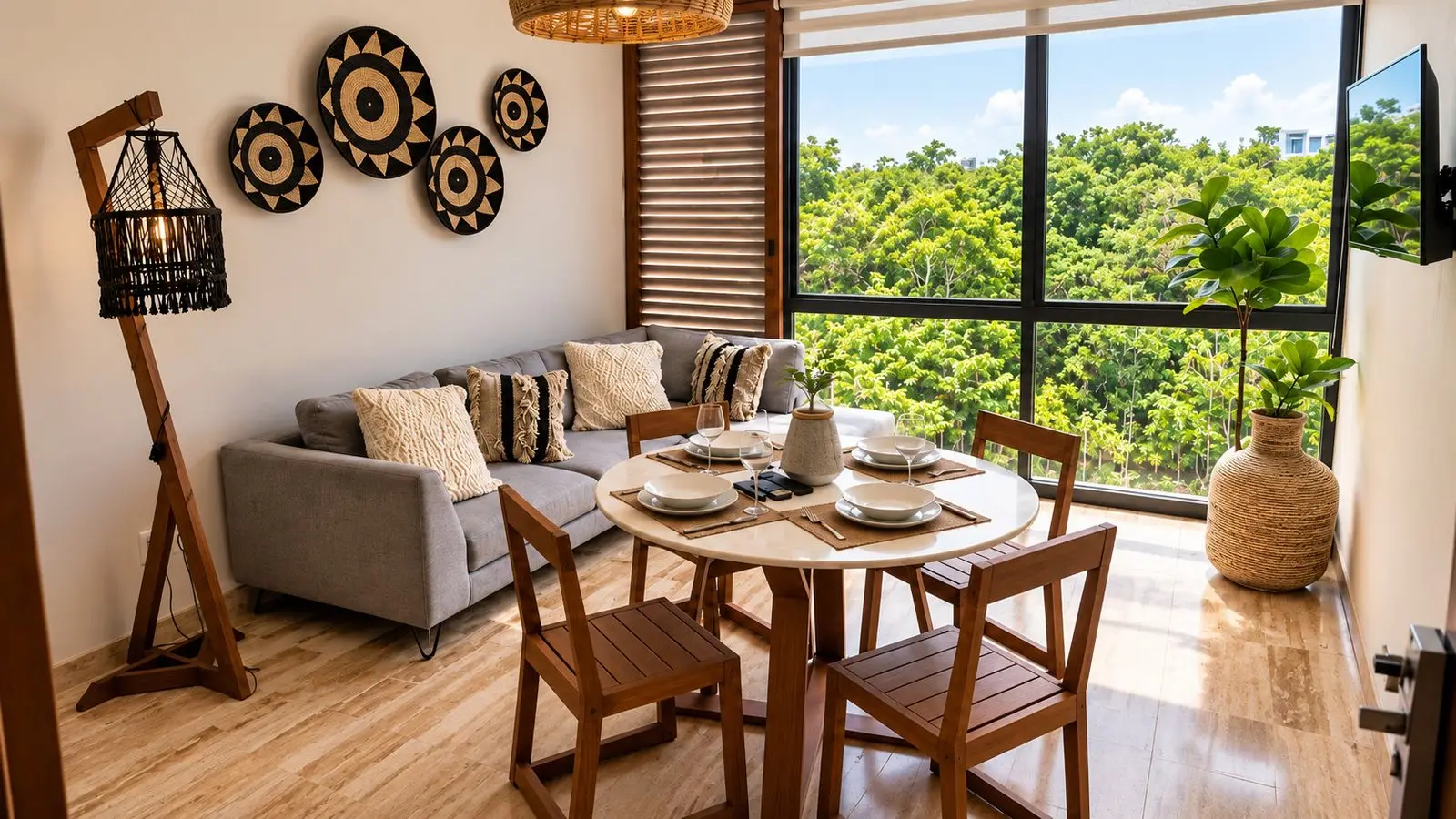 Sala y comedor con ventanales hacia la selva en Amira Residence
